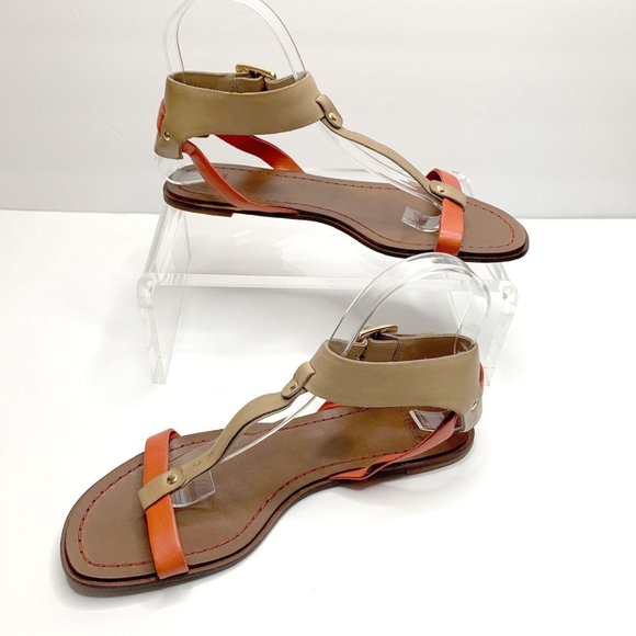 UTERQÜE Orange Tan T-Strap Gladiator Buckle Sandal Sz 38‎ / 7.5 - Picture 1 of 11